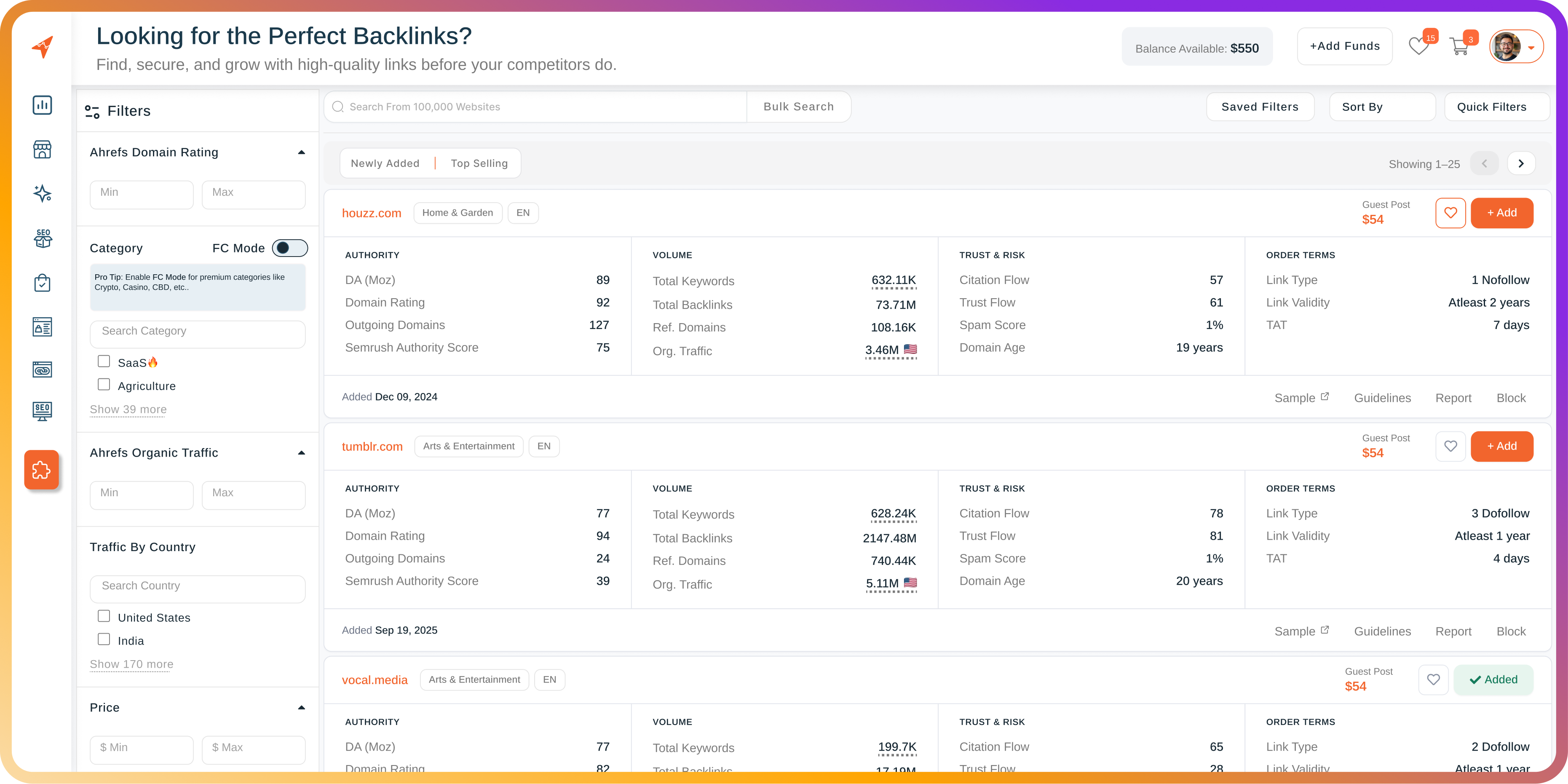 Link Publishers marketplace dashboard showing website filters, metrics and pricing